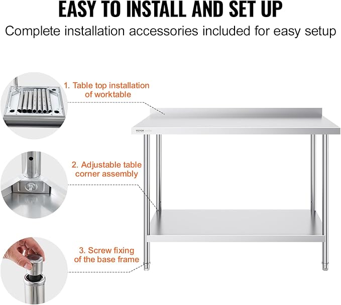 VEVOR 24 x 48 x 36 Inch Stainless Steel Work Table, Commercial Food Prep - Image 8
