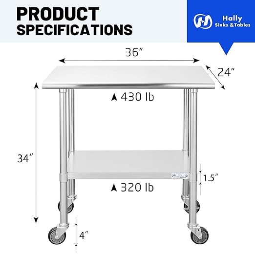 Hally Stainless Steel Table for Prep & Work 24 x 36 Inches - Image 3