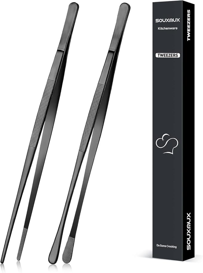 Tongs 10-Inch Stainless Steel Tweezer Style Set of 2 in Black