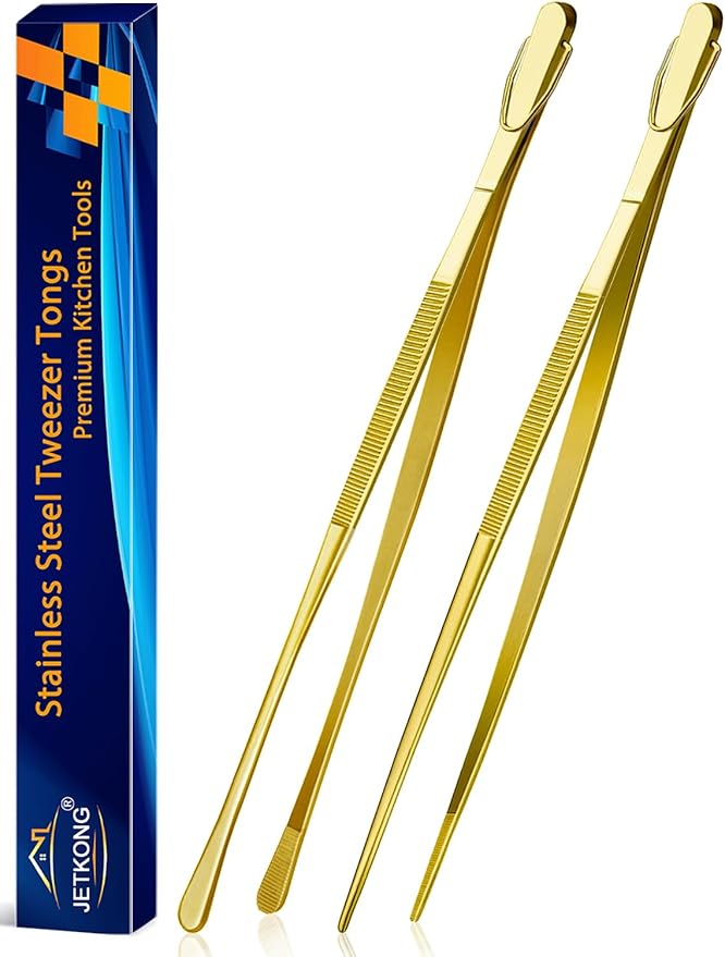 Tongs, 2 Pack 14-Inch Stainless Steel Gold Long Kitchen Tongs