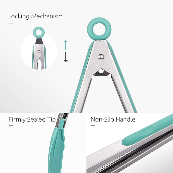 Tongs with 7, 9 and 12 Inch Lengths, Silicone Tips, Aqua Sky