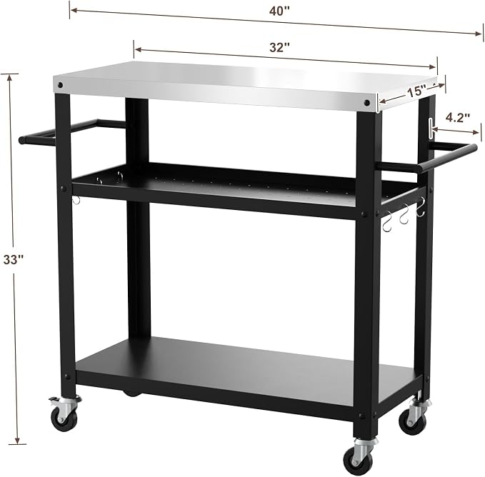 Outdoor Grill Cart with Three-Shelf, Stainless Steel Pizza Oven Table - Image 3