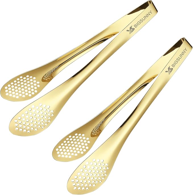 Serving Tongs, 11 Inch Gold Stainless Steel with Ergonomic Grip