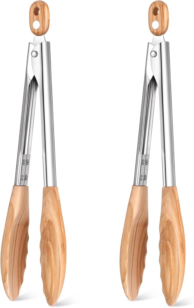 Tongs in Olive Wood and Stainless Steel, 2-Pack, 11.4-Inch Locking