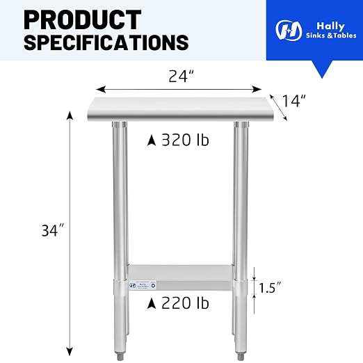 Hally Stainless Steel Table for Prep & Work 14 x 24 Inches, NSF Commercial - Image 3