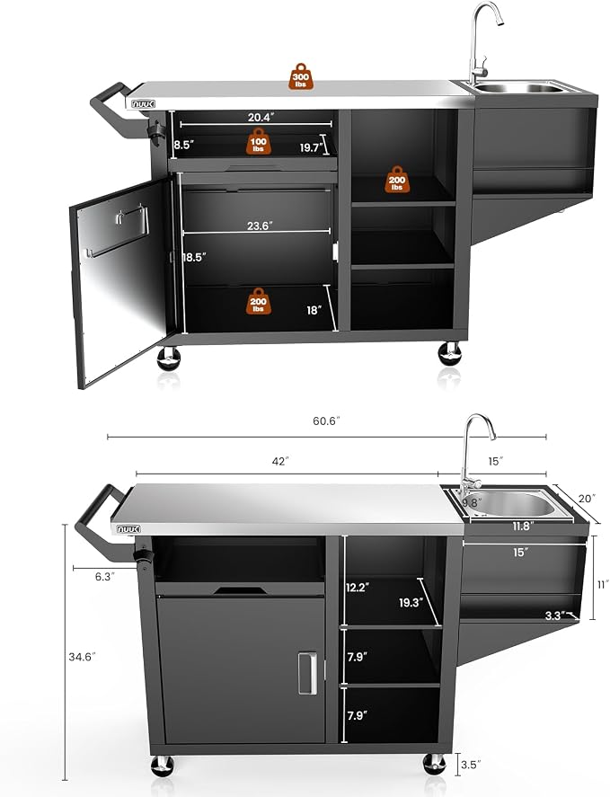 NUUK Grill Cart with Sink and Storage Cabinet Outdoor Kitchen Island Prep Table - Image 5