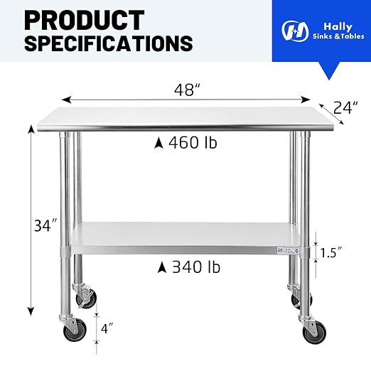 Hally Stainless Steel Table for Prep & Work 24 x 48 Inches - Image 3