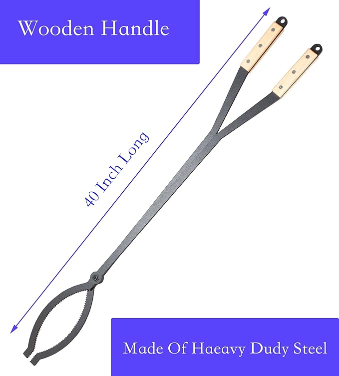 Fire Tongs, 40-Inch Black Steel Log Grabber with Serrated Claw