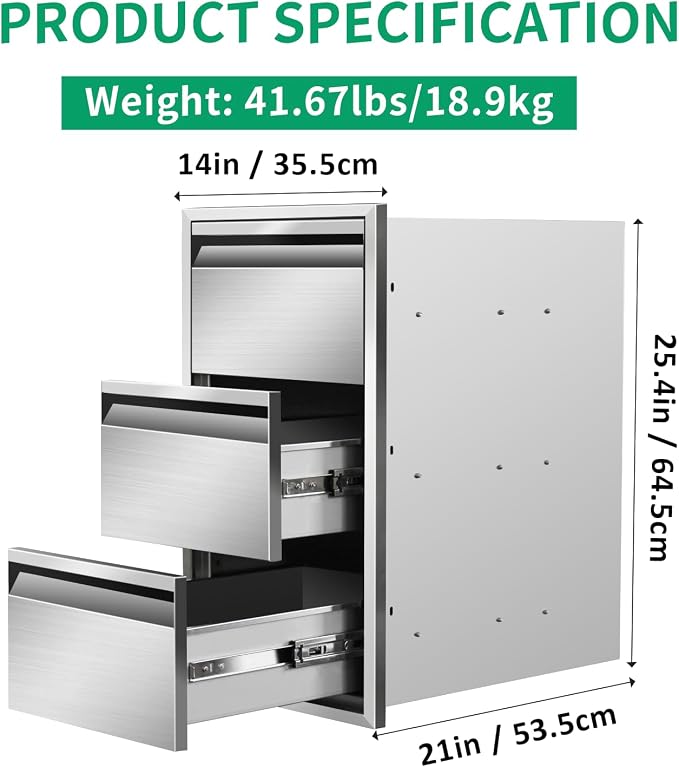 Outdoor Kitchen Drawers 14" W x 25.4" H x 21" D Stainless Steel Triple Drawers - Image 2