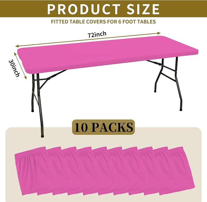 10 Pack Fitted Tablecloth for 6 Foot Rectangle Tables, Hot Pink Elastic Outdoor - Image 2