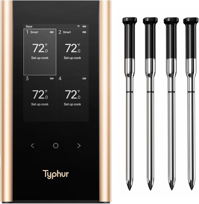 Sync Gold Wireless WiFi Meat Thermometer, 4 Slim Probes, 6 Sensors, 10x by Typhur