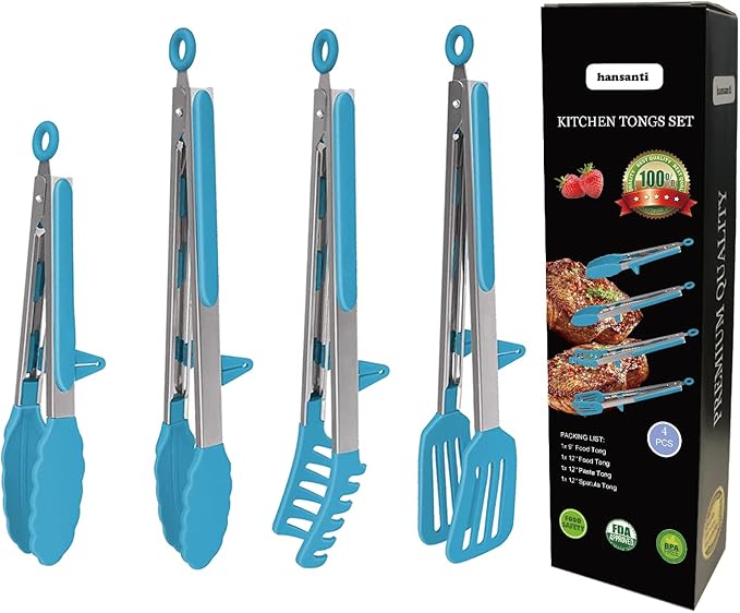 Tongs Set of 4, Blue Silicone and Stainless Steel, 11-Inch and 13.2-Inch
