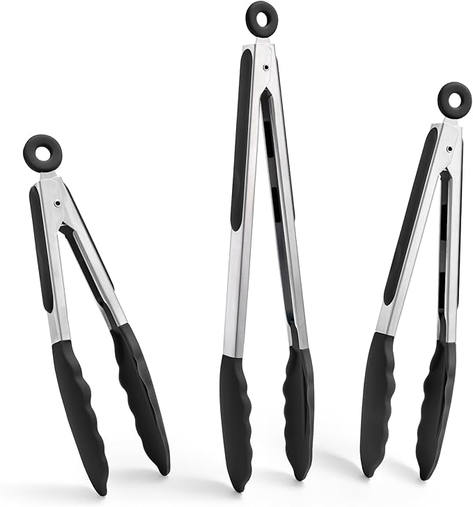 Tongs with Silicone Tips, Locking Stainless Steel, Black
