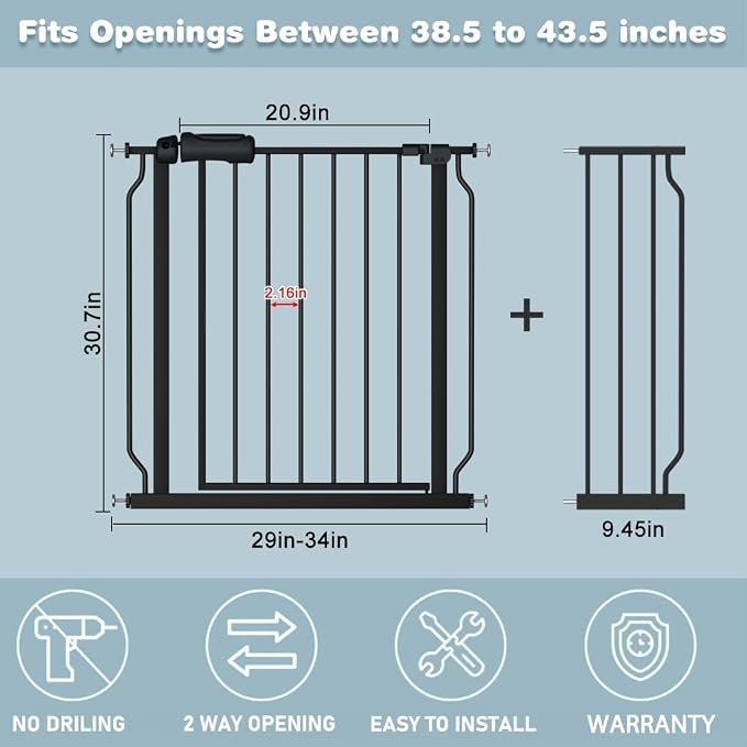 Extra Wide Black Baby Gate 38.5-43.5 Inch Walk Through Pressure Mounted Safety - Image 2