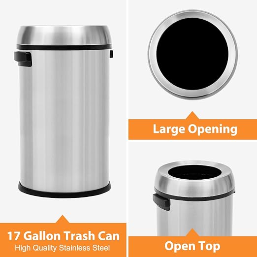 GarveeHome 17 gal/65 L Open Top Trash Can, Stainless Steel Rubbish Bin - Image 4