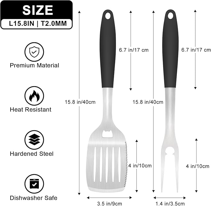 BBQ Tool Set with Spatula and Fork, Stainless Steel, Silicone Handle