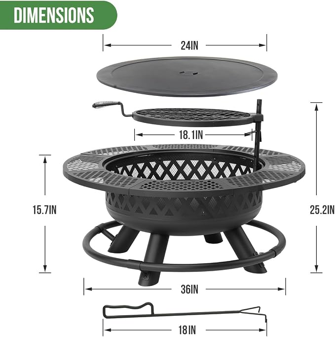 36 Inch Fire Pit with Grill, Wood Burning Fire Pits - Image 6