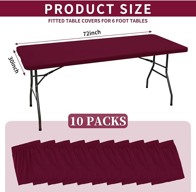 10 Pack Fitted Tablecloth for 6 Foot Rectangle Tables, Wine Red Elastic Outdoor - Image 2