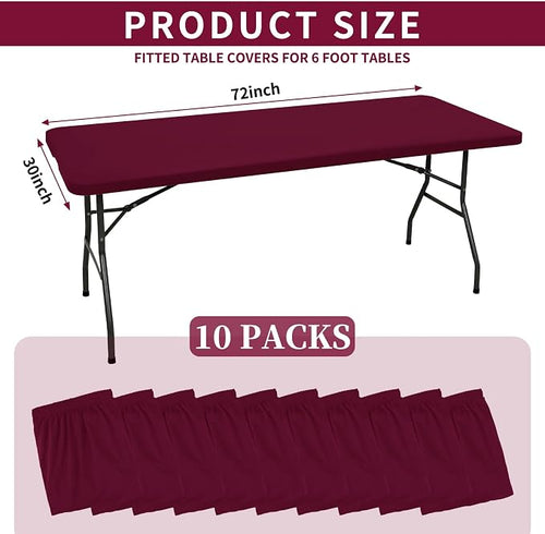 10 Pack Fitted Tablecloth for 6 Foot Rectangle Tables, Wine Red Elastic Outdoor - Image 2