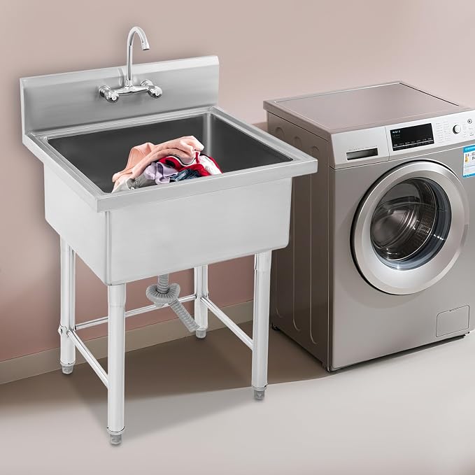 Commercial Sink with Cold & Hot Faucet, Freestanding Single Bowl Kitchen - Image 5