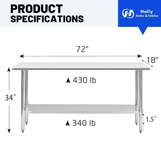 Hally Stainless Steel Table for Prep & Work 18 x 72 Inches, NSF Commercial - Image 3