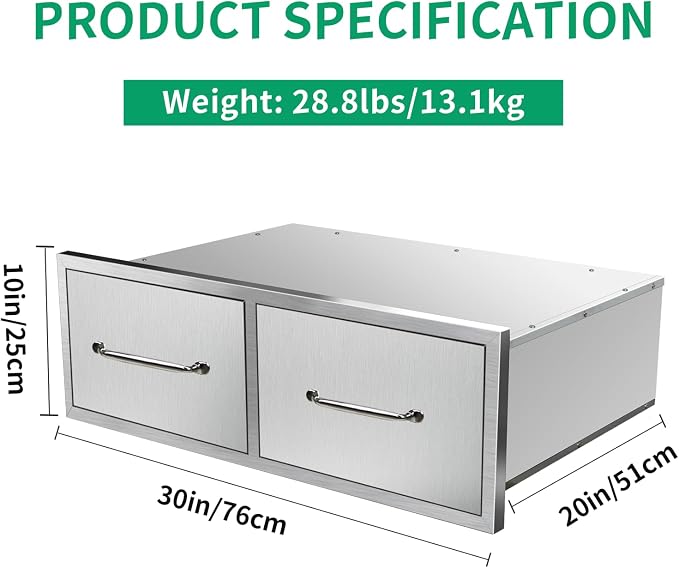 Outdoor Kitchen Drawers 30" W x 10" H x 20" D Stainless Steel Single Drawers - Image 2