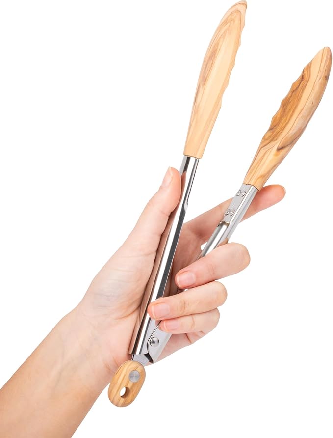 Kitchen Tongs in Olive Hardwood, Locking Long Handles