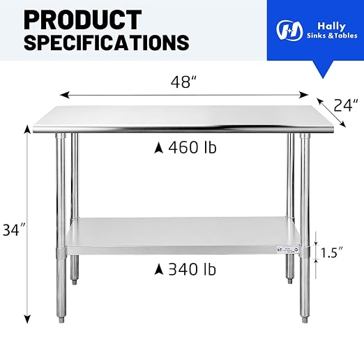 Hally Stainless Steel Table for Prep & Work 24 x 48 Inches, NSF Commercial - Image 3