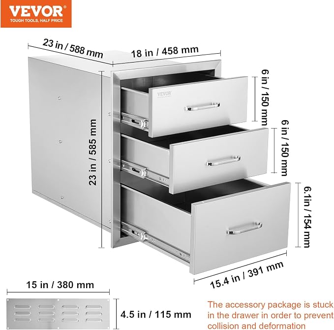 VEVOR 18x23 Inch Outdoor Kitchen Stainless Steel Triple Access BBQ Drawers - Image 3