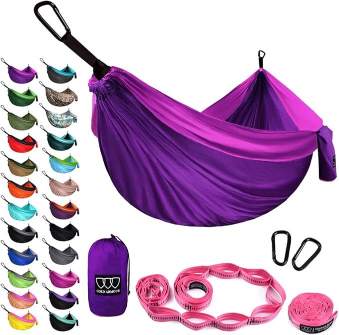 Hammock, Extra Large Double Nylon Hammock with Tree Straps, Purple and Fuchsia