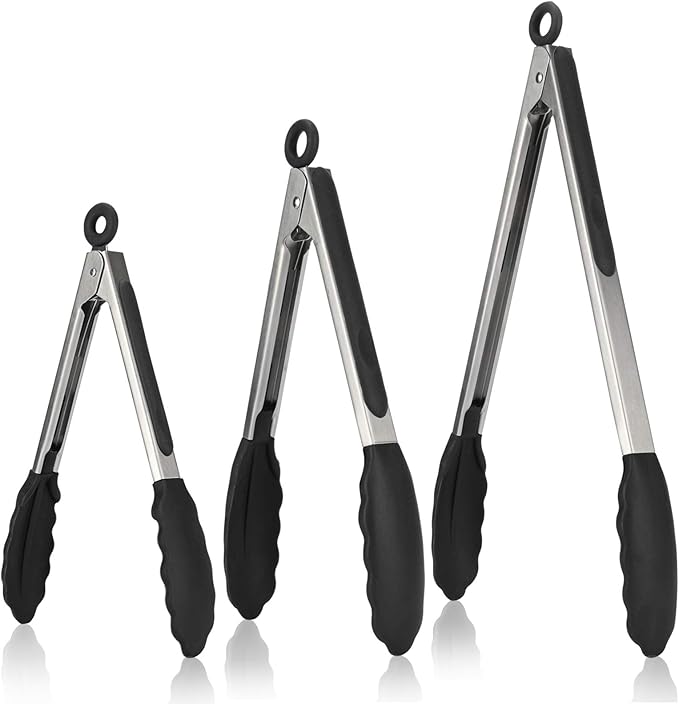 Tongs with Stainless Steel Handles and Silicone Tips, 7 to 12 Inch, Black