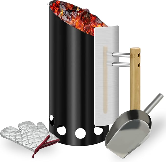 Charcoal Chimney Starter with Insulation Gloves and Briquet Shovel Set by Joyagrill