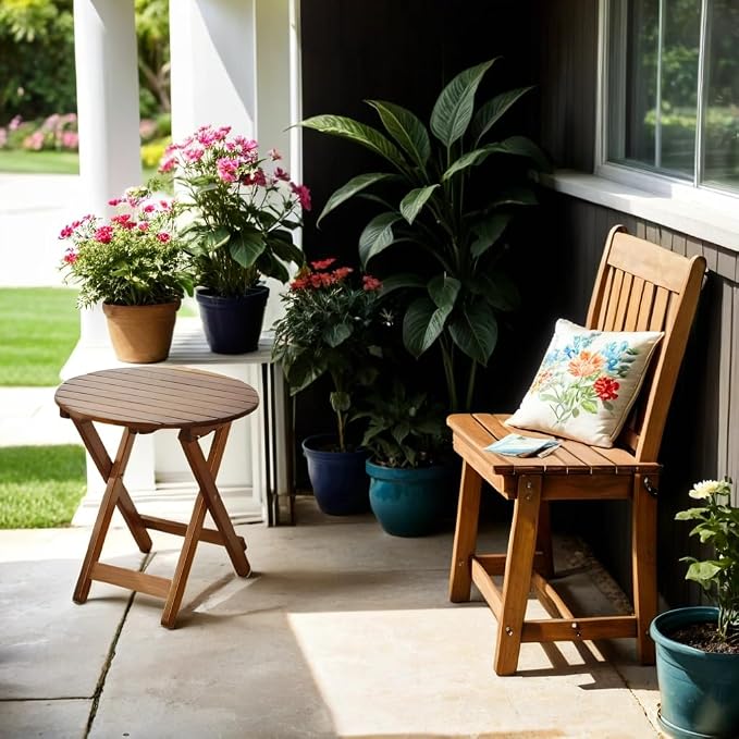 Outdoor Small Table Round Folding Side Table, Foldable Wooden End Table - Image 4