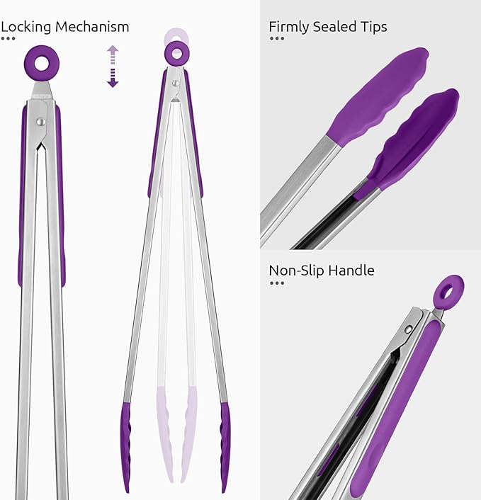 Kitchen Tongs 16-Inch with Silicone Tips, 600°F Heat Resistant, Purple