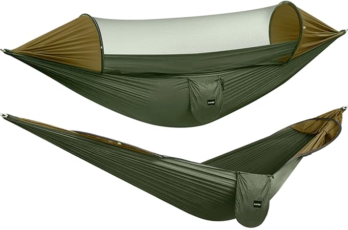 Hammock with Bug Net, Pop-Up Design, 70D Nylon, Army Green