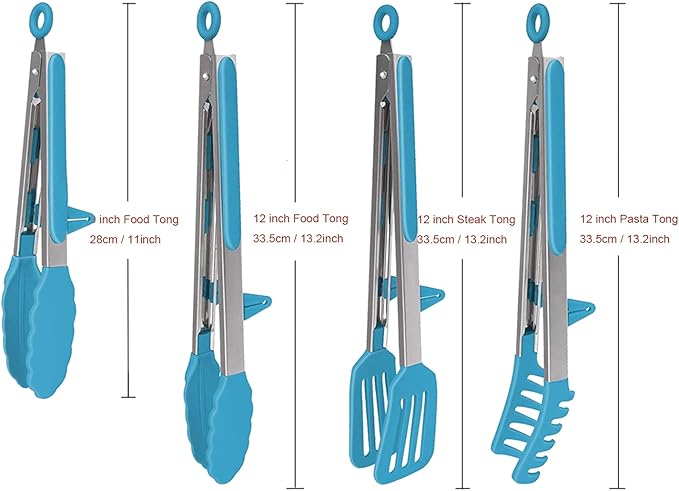 Tongs Set of 4, Blue Silicone and Stainless Steel, 11-Inch and 13.2-Inch