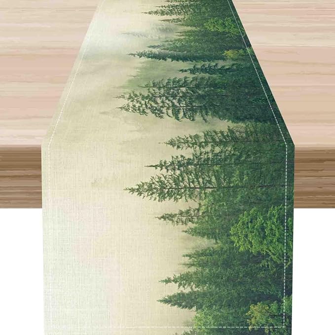 Forest Table Runner, Rustic Farmhouse Misty Pine Tree Woodland Jungle Mountain by Unknown