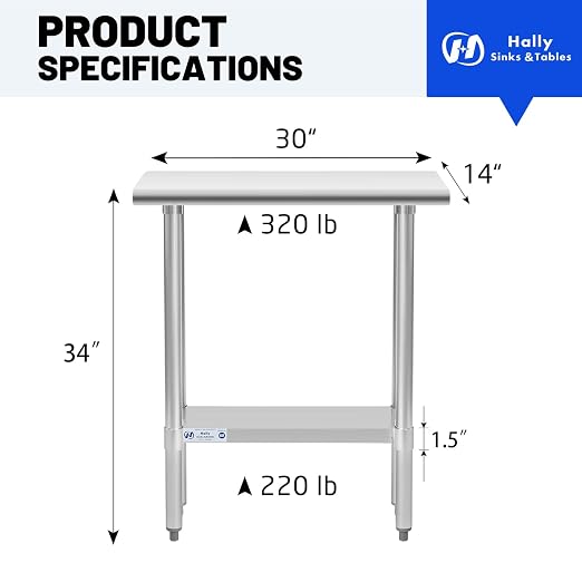 Hally Stainless Steel Table for Prep & Work 14 x 30 Inches, NSF Commercial - Image 3