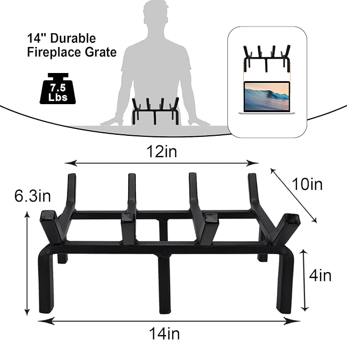 Fireplace Log Grate, Small 14Inch Heavy Duty Solid Steel Wood Rack Stove - Image 2