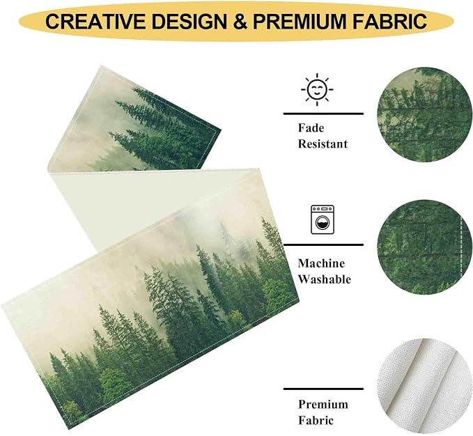 Forest Table Runner, Rustic Farmhouse Misty Pine Tree Woodland Jungle Mountain - Image 5