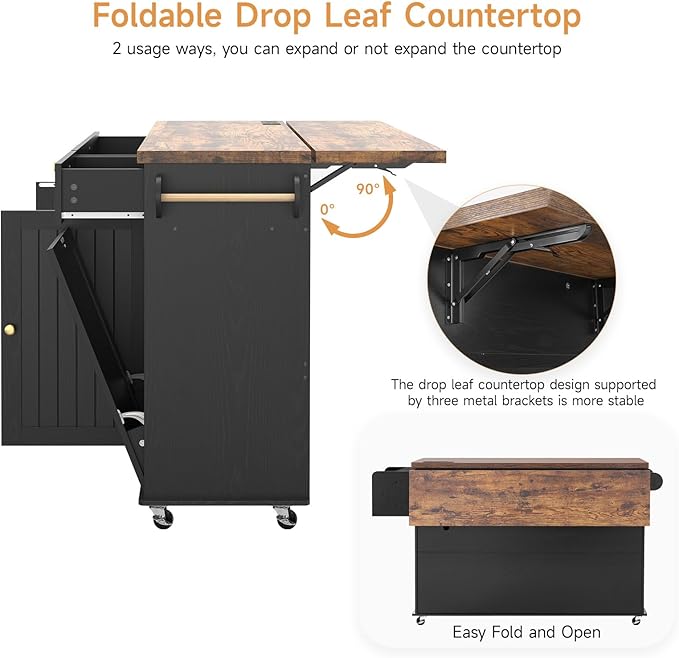 60" Kitchen Island with Power Outlet & Drop Leaf, Kitchen Rolling Island with - Image 4