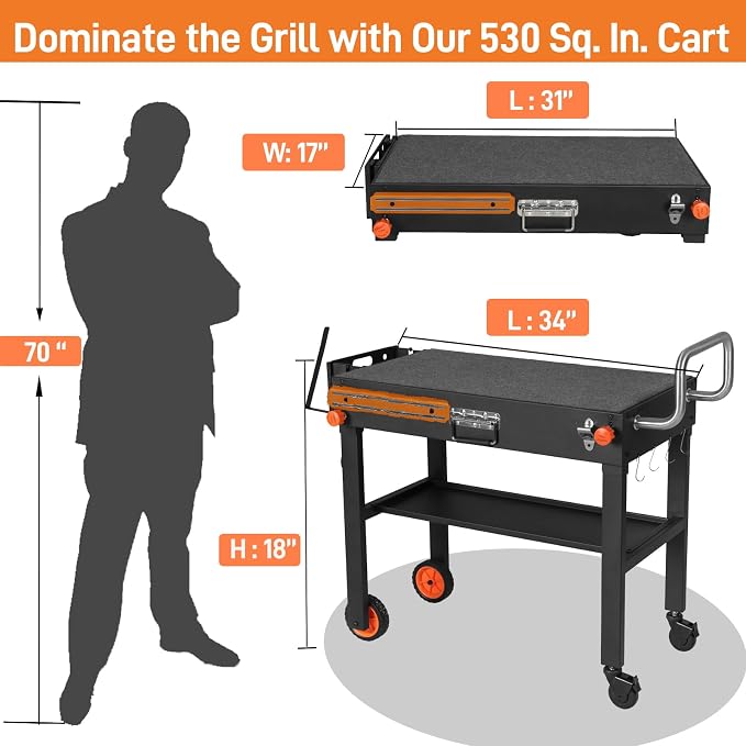 Rolling Grill Cart with Spice Rack, Grill Stand with Storage Shelf, Griddle - Image 4