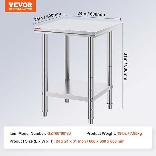 Vevor Stainless Steel 24 x 24 x 32 Inch Commercial Kitchen Prep & Work Table - Image 7