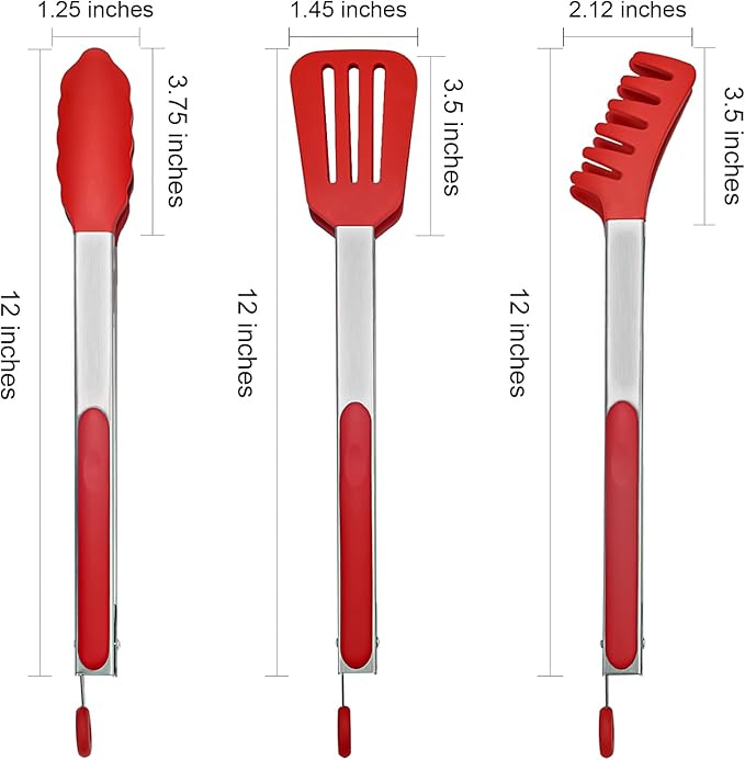 Tongs 3 Piece Set with Silicone Tips and Locking Pull Ring, 12 Inch Red