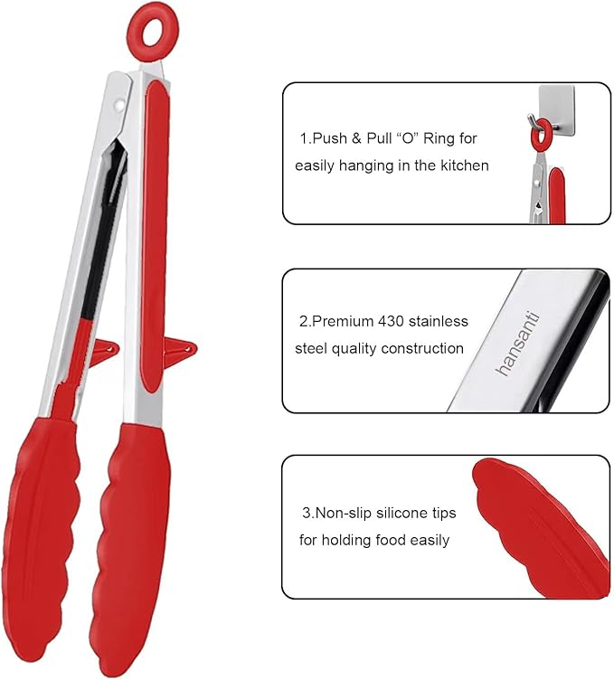Tongs Set with Silicone Tips and Stainless Handles, Red 4-Piece Grilling Set