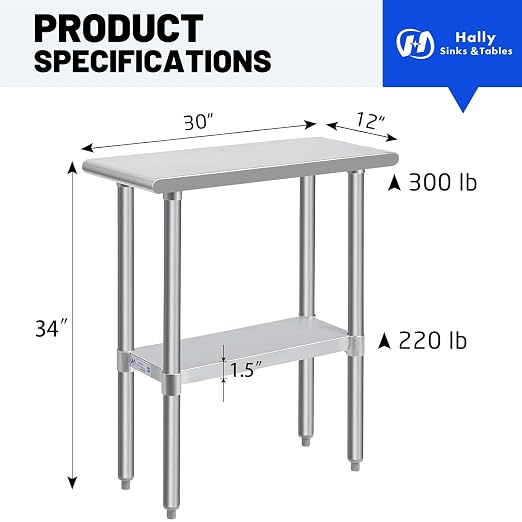Hally Stainless Steel Table for Prep & Work 30 x 12 Inches, NSF Commercial - Image 3