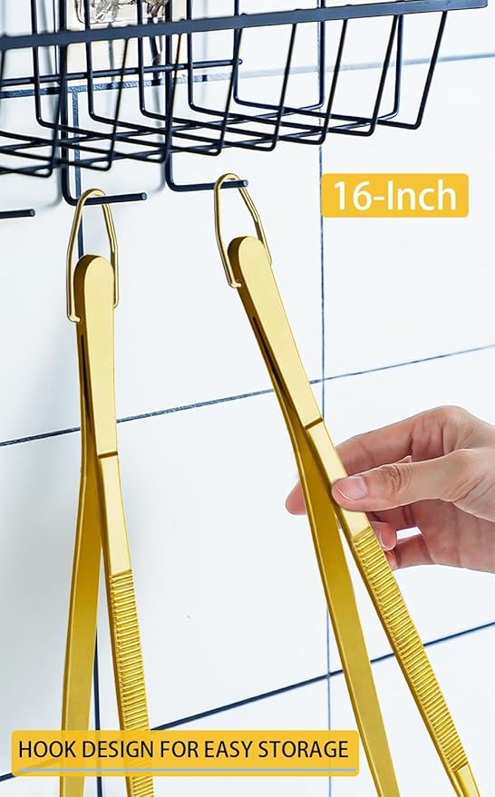 Tongs 16-Inch Extra Long Stainless Steel Gold Cooking Tweezers, 2 Pack