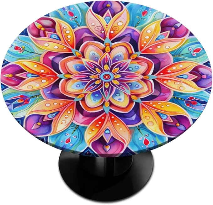 Floral Colorful Bright Vintage Round Table Cloth Cover, Elastic Edge Waterproof by ModaQua