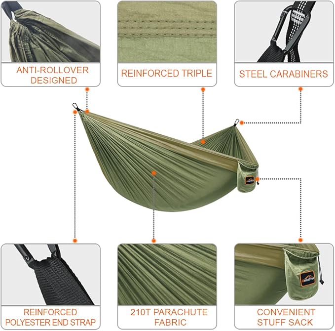 Hammock for Camping: 210T Nylon, 500 lb Capacity, Army Green