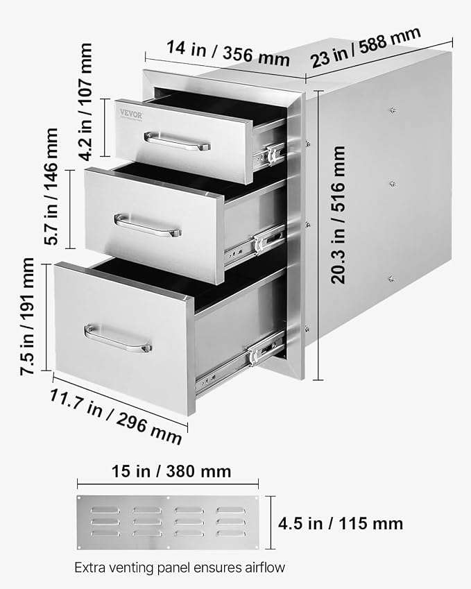 VEVOR 14x20.3 Inch Outdoor Kitchen Drawers Stainless Steel, Flush Mount Triple - Image 2